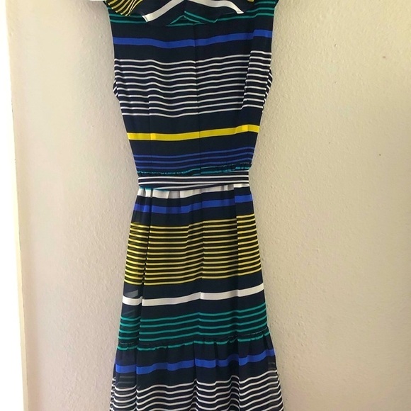 DKNY Womens Navy Ruffled Zippered Belted Lined Striped Sleeveless Surplice Dress - Picture 8 of 11